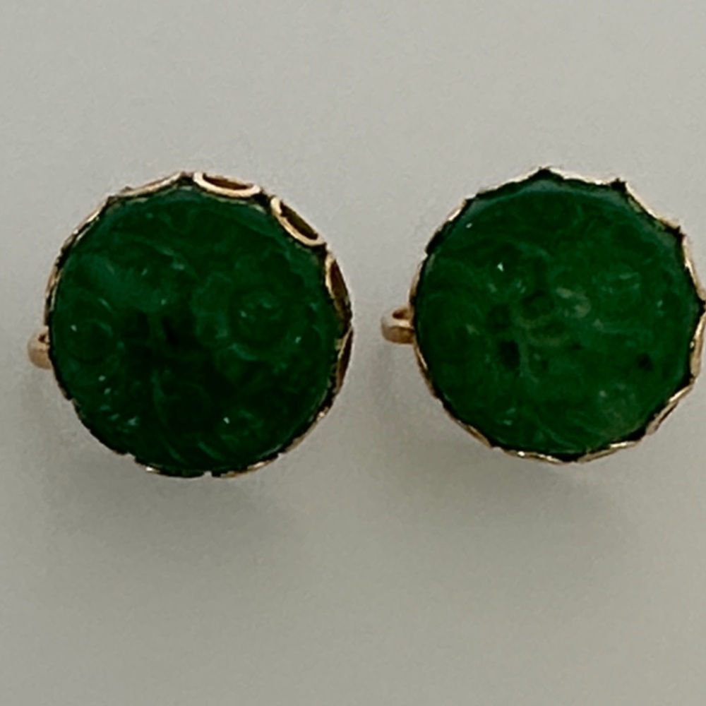 Vintage Green Carved Earrings - Gold Accents - Women Jewelry